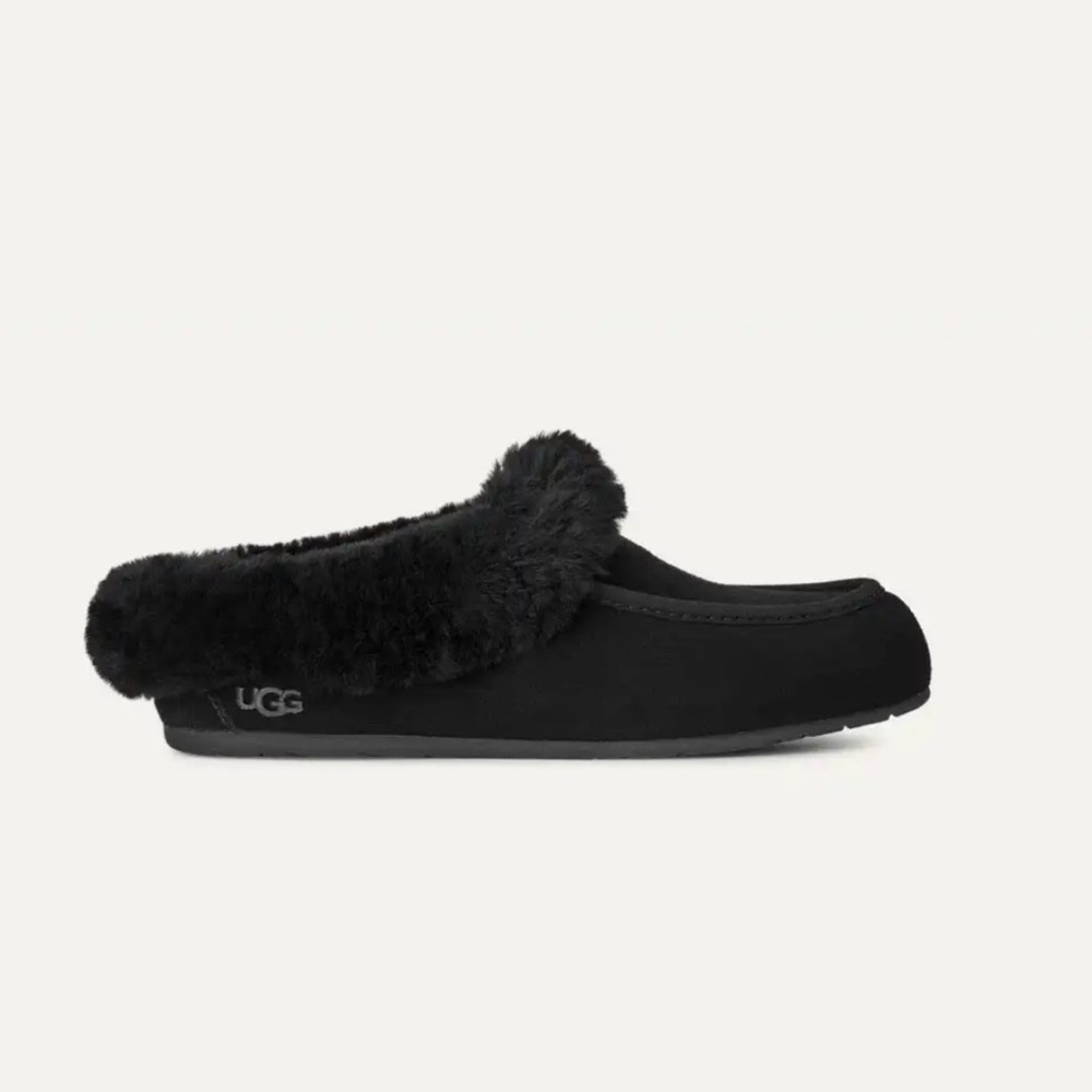 UGG ANSLEY MULE Black Suede Real Fur Sz-11 Indoor outdoor slipper (1171391)